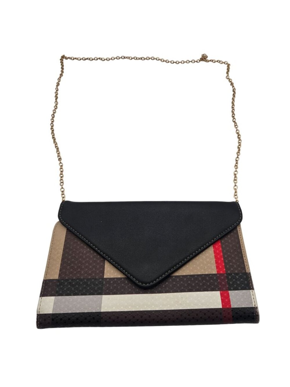 Plaid Faux Leather Crossbody Clutch With Gold Tone Chain Strap 10" W x 6" H